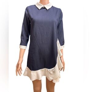 Navy Pinstripe Dress with White Accents Large